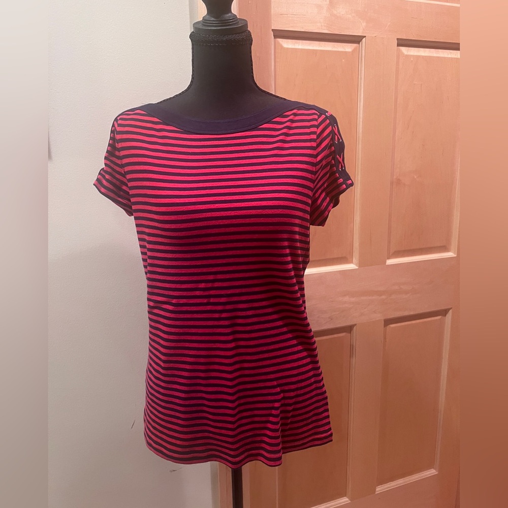 Chaps Navy/Red Nautical Stripe w/Lace-up Short Sleeves Top Boatneck Cotton L